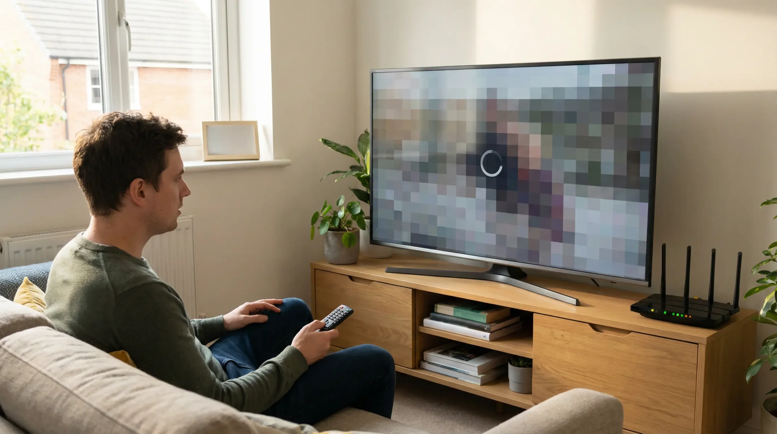 iptv buffering fix 2026 guide showing smart tv streaming issue in a modern british living room