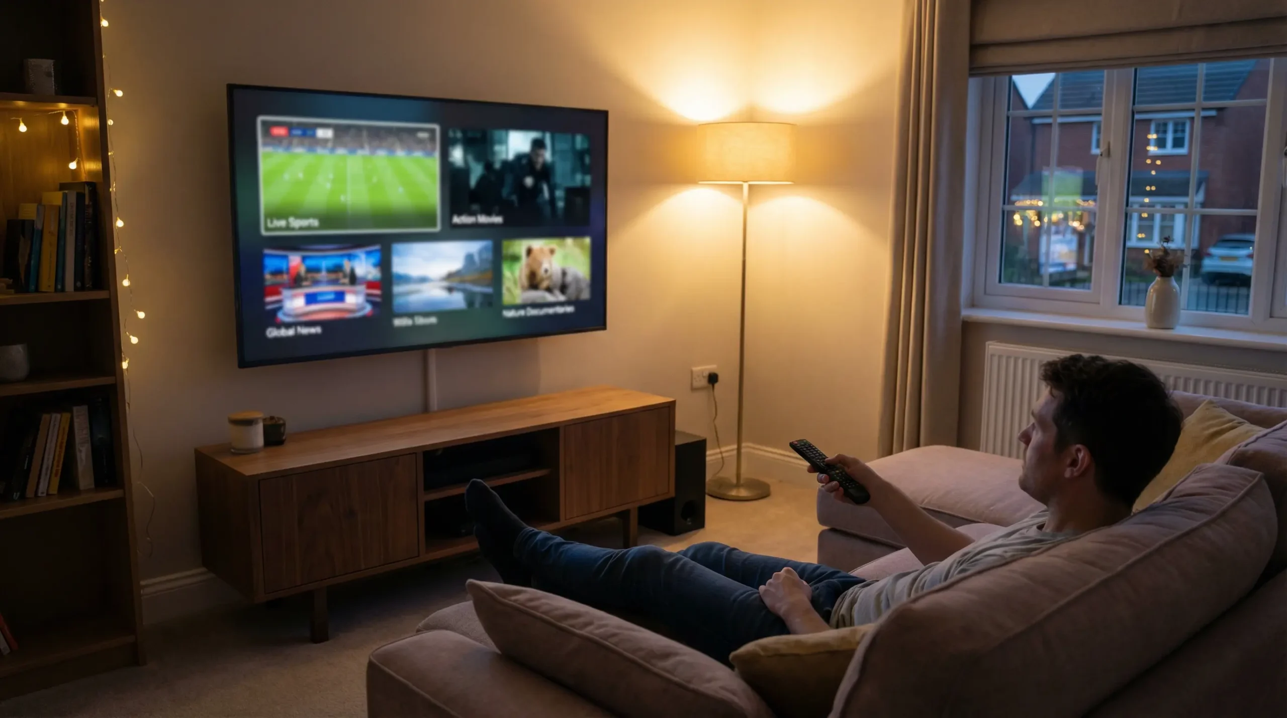 IPTV Channels UK 2026 displayed on a modern smart TV in a British living room