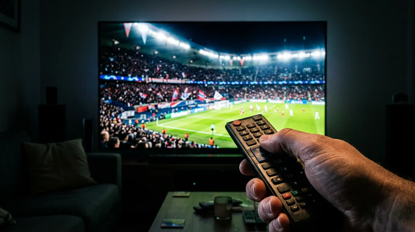 IPTV vs BT Sport UK – hand holding remote watching live football match on smart TV in dark living room