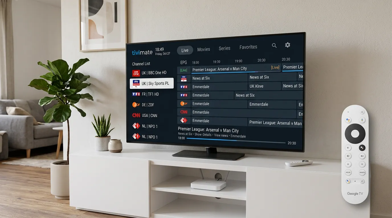 IPTV on Android TV UK – TiviMate app showing channel guide on a smart TV