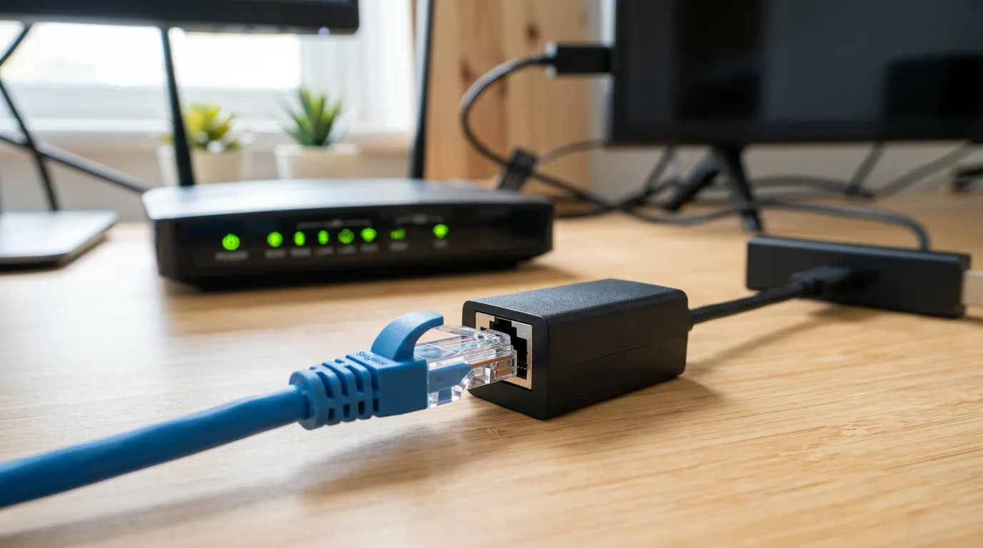 IPTV speed requirements UK 2026 – ethernet cable connected to router with Firestick and speed test result on screen