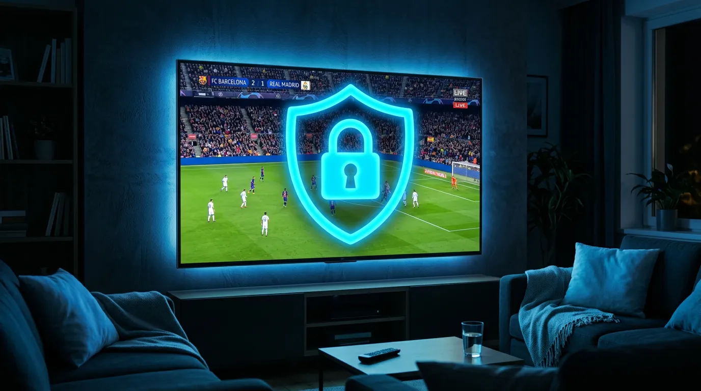 IPTV VPN UK – VPN shield protecting IPTV stream on smart TV
